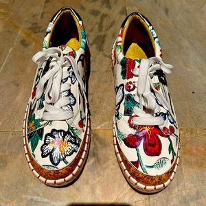 Women's Fashion Flat Sneakers, Floral Print Lace Up Side Zipper Low Top Shoes